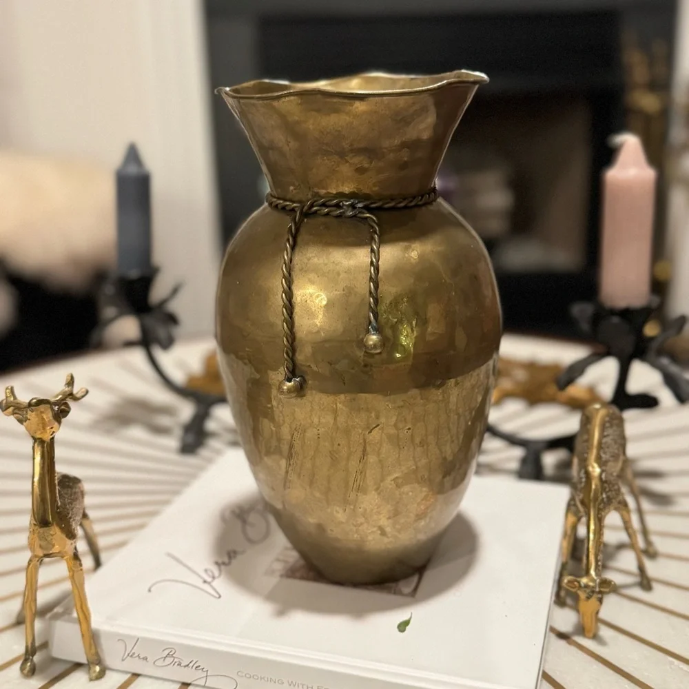 Vintage Large Hammered Brass Vase Ruffled Rim Brass Tassels 11”